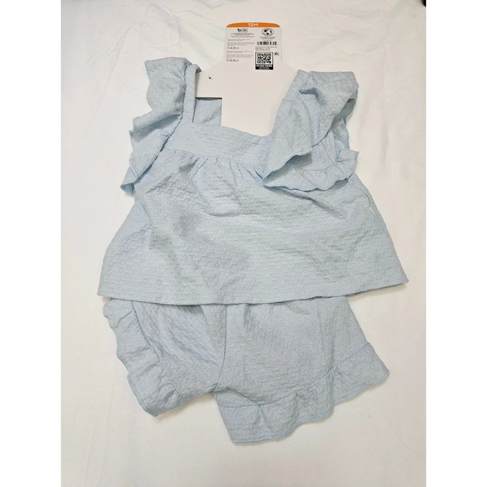 Members Mark Baby Girls 2PC Playwear Set Light Blue Ruffle‎ Top Shorts 12M NEW